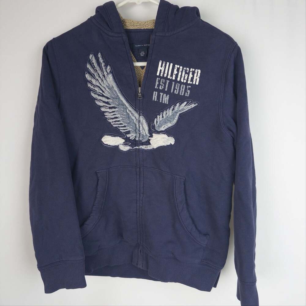 Tommy Hilfiger Navy Blue Sherpa Lined Full Zip Hoodie with Eagle Graphic 12-14